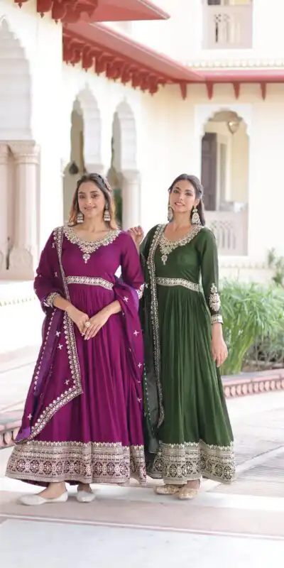 KA 1215 Green Vichitra Silk Gown Perfect for Wedding, Party, Holi, Anniversary, Mehendi –. Grab it for ₹2449. Delivery 4-6 Working Days. Shop now. | Gowns, Bollywood Gowns, Creative Gowns, Designer Gowns, Embroidered Gowns, Party Wear Gowns