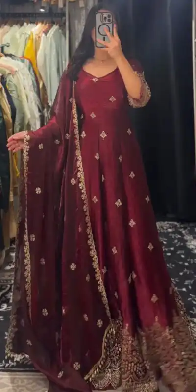 KD 1564 Maroon Fendy Silk Gown Perfect for Wedding, Party, Durga Puja, Festival Celebrations, Ganesh Chaturthi – . Best Price ₹2399. Delivery 4-6 Wor | Gowns, Bollywood Gowns, Creative Gowns, Designer Gowns, Embroidered Gowns, Party Wear Gowns