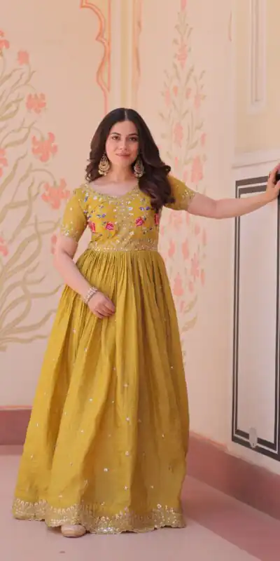 KA 1171 Mustered in Gold Crush Zari Work & Embroidery Work Gown . Affordable Price ₹1799. Delivery 4-6 Working Days. Shop now. | Gowns, Bollywood Gowns, Creative Gowns, Designer Gowns, Embroidered Gowns, Party Wear Gowns