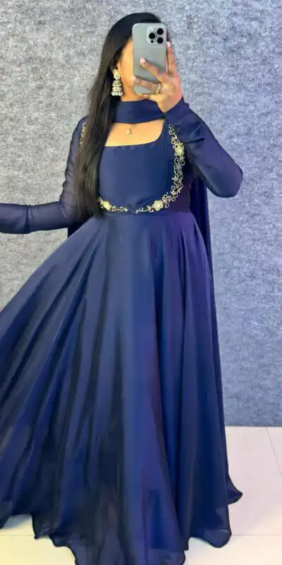 MF 888 Navy Blue Rangoli Silk Gown with Lace Border & Lace Work. Available at ₹1649 only. Delivery 4-6 Working Days. Shop now. | Gowns, Bollywood Gowns, Creative Gowns, Designer Gowns, Embroidered Gowns, Party Wear Gowns