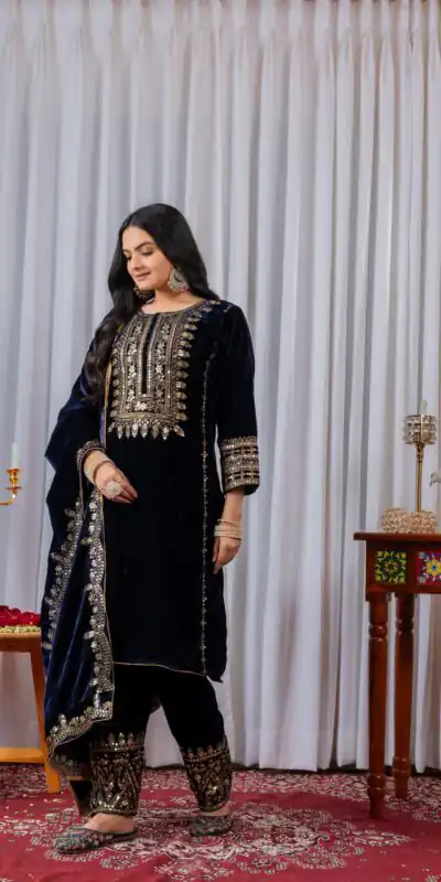 AD 089 Navy Blue Viscose Velvet Salwar Suit with Embroidery Work. Affordable Price ₹1999. Delivery 4-6 Working Days. Shop now. | Jump Suits, Salwar suit, Casual Suits, Creative suits, Designer Suits, Palazzo Suits, Party Wear Suits, Patiala Suits, Straight Suits