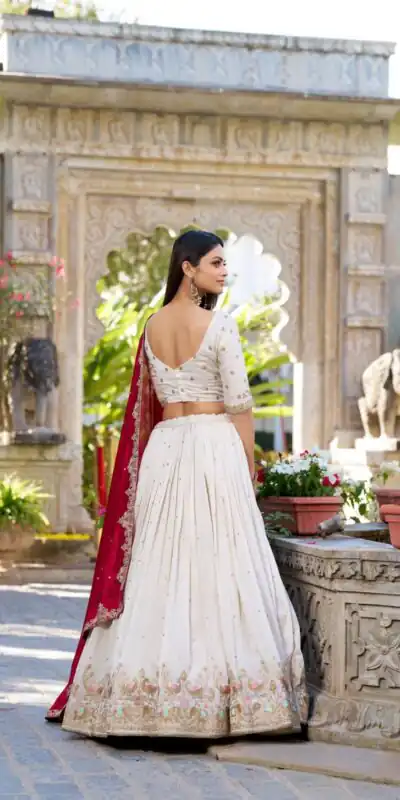 LNB 1411 Off White Vichitra Silk Lehenga Choli Perfect for Wedding, Party, Festival Celebrations, Ethnic Day, Durga Puja – . Available at ₹3499 on | Lehenga, Bollywood Lehenga, Creative Lehenga, Designer Lehenga, Embroidered Lehenga, Party Wear Lehenga