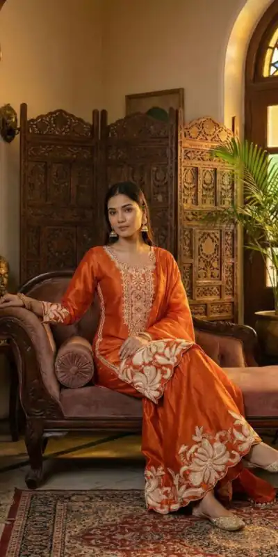 BE 442 Orange Organza Silk Salwar Suit with Embroidery Work & Cowrie Work. Grab it for ₹2049. Delivery 4-6 Working Days. Shop now. | Jump Suits, Salwar suit, Casual Suits, Creative suits, Designer Suits, Palazzo Suits, Party Wear Suits, Patiala Suits, Straight Suits