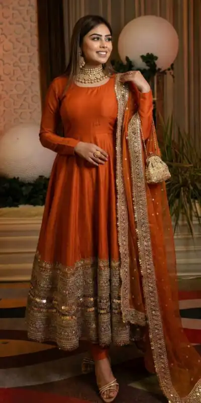 ZSR 3152 Orange Color Roman silk Gown with Embroidery Work & Lace Work. Grab it for ₹2599. Delivery 4-6 Working Days. Shop now. | Gowns, Bollywood Gowns, Creative Gowns, Designer Gowns, Embroidered Gowns, Party Wear Gowns