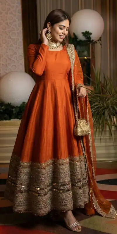 ZSR 3152 Orange Color Roman silk Gown with Embroidery Work & Lace Work. Grab it for ₹2599. Delivery 4-6 Working Days. Shop now. | Gowns, Bollywood Gowns, Creative Gowns, Designer Gowns, Embroidered Gowns, Party Wear Gowns