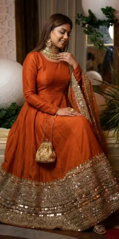 ZSR 3152 Orange Color Roman silk Gown with Embroidery Work & Lace Work. Grab it for ₹2599. Delivery 4-6 Working Days. Shop now. | Gowns, Bollywood Gowns, Creative Gowns, Designer Gowns, Embroidered Gowns, Party Wear Gowns