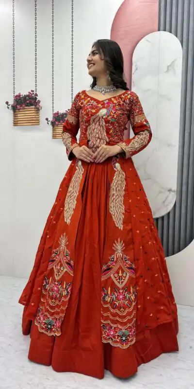 PC 528 Orange Vichitra Sequence Work Lehenga Choli Designer Work. Grab it for ₹2649. Delivery 4-6 Working Days. Shop now. | Lehenga, Bollywood Lehenga, Creative Lehenga, Designer Lehenga, Embroidered Lehenga, Party Wear Lehenga