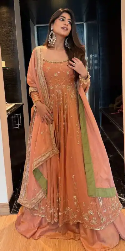 KD 1573 Peach Color Chinon Silk Sequence Lace Work Gown. Online Affordable Price ₹2549. Delivery 4-6 Working Days. Shop now. | Gowns, Bollywood Gowns, Creative Gowns, Designer Gowns, Embroidered Gowns, Party Wear Gowns