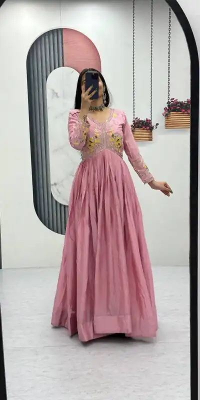 PC 542 Peach Color Chinon Gown with Thread & Embroidery Work. Available at ₹1749 only. Delivery 4-6 Working Days. Shop now. | Gowns, Bollywood Gowns, Creative Gowns, Designer Gowns, Embroidered Gowns, Party Wear Gowns