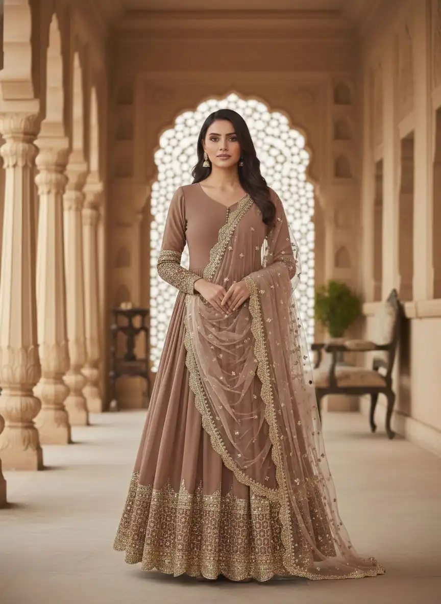 ZF 194 Peach Faux Georgette Gown Perfect for Wedding, Party, Makar Sankranti, Karwa Chauth, Ethnic Day – . Now at just ₹1999. Delivery 4-6 Working D | Gowns, Bollywood Gowns, Creative Gowns, Designer Gowns, Embroidered Gowns, Party Wear Gowns