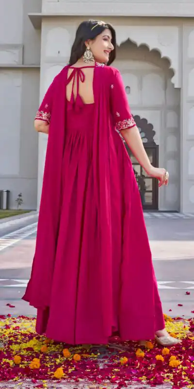 Ram 152 Pink Crap Silk Gown Perfect for Wedding, Party, Durga Puja, Temple Visit, Raksha Bandhan – . Available at ₹1899 only. Delivery 4-6 Working Days | Gowns, Bollywood Gowns, Creative Gowns, Designer Gowns, Embroidered Gowns, Party Wear Gowns
