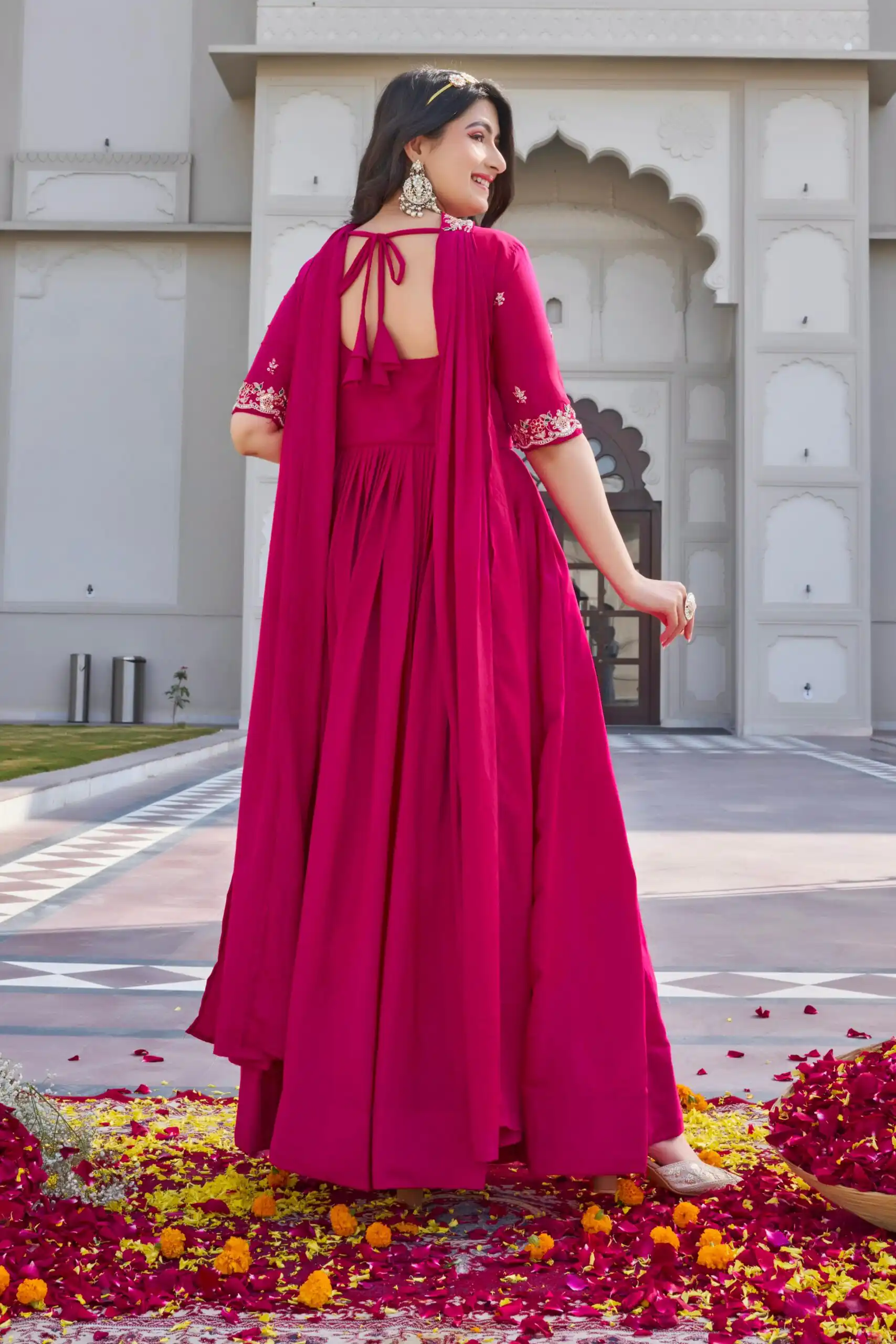 Ram 152 Pink Crap Silk Gown Perfect for Wedding, Party, Durga Puja, Temple Visit, Raksha Bandhan – . Available at ₹1899 only. Delivery 4-6 Working Days | Gowns, Bollywood Gowns, Creative Gowns, Designer Gowns, Embroidered Gowns, Party Wear Gowns