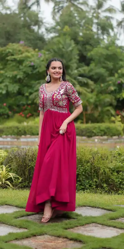 KA 1110 Pink Faux Blooming Gown Perfect for Wedding, Party, Holi, Lohri, Baby Shower – . Introductory Price ₹1649. Delivery 4-6 Working Days. Shop no | Gowns, Bollywood Gowns, Creative Gowns, Designer Gowns, Embroidered Gowns, Party Wear Gowns