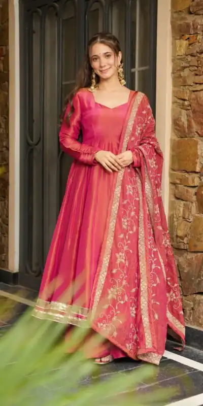 SRK 5289 Pink Roman Simmer Silk Border Work Gown. Wedding, Party, Festive, Events Grab it for ₹1649. Delivery 4-6 Working Days. Shop now. | Gowns, Bollywood Gowns, Creative Gowns, Designer Gowns, Embroidered Gowns, Party Wear Gowns