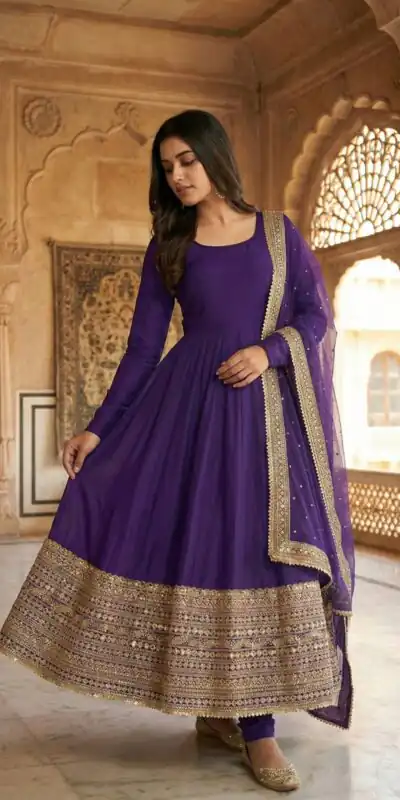 ZSR 3152 Purple Color Roman silk Gown with Embroidery Work & Lace Work. Grab it for ₹2599. Delivery 4-6 Working Days. Shop now. | Gowns, Bollywood Gowns, Creative Gowns, Designer Gowns, Embroidered Gowns, Party Wear Gowns