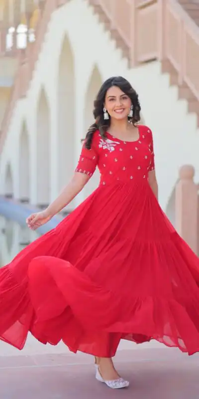 KA 1173 Red Faux Blooming Gown Perfect for Wedding, Party, Eid, Pooja, Baisakhi – . Now at just ₹1849. Delivery 4-6 Working Days. Shop now. | Gowns, Bollywood Gowns, Creative Gowns, Designer Gowns, Embroidered Gowns, Party Wear Gowns