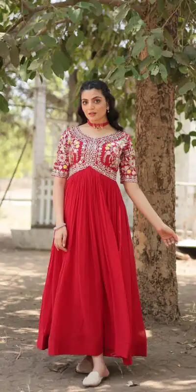 KA 1110 Red Faux Blooming Gown Perfect for Wedding, Party, Holi, Lohri, Baby Shower – . Introductory Price ₹1649. Delivery 4-6 Working Days. Shop no | Gowns, Bollywood Gowns, Creative Gowns, Designer Gowns, Embroidered Gowns, Party Wear Gowns