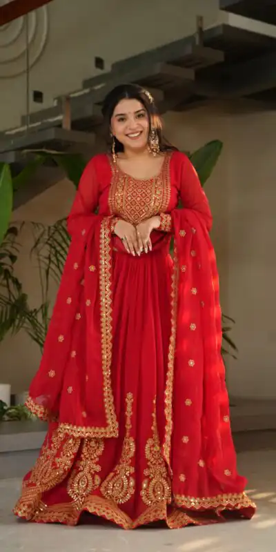 KA 1162 Red Faux Blooming Gown with Embroidery Work & Zari Work. Available at ₹2649 only. Delivery 4-6 Working Days. Shop now. | Gowns, Bollywood Gowns, Creative Gowns, Designer Gowns, Embroidered Gowns, Party Wear Gowns