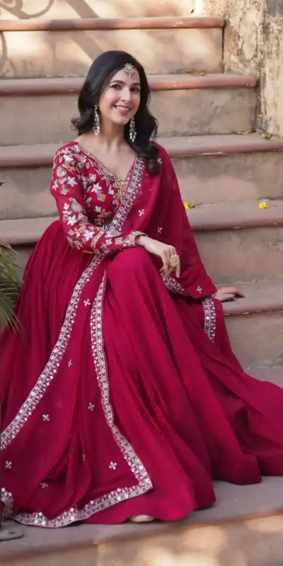 KA 1147 Red Faux Blooming Gown with Embroidery Work & Zari Work. Affordable Price ₹2049. Delivery 4-6 Working Days. Shop now. | Gowns, Bollywood Gowns, Creative Gowns, Designer Gowns, Embroidered Gowns, Party Wear Gowns