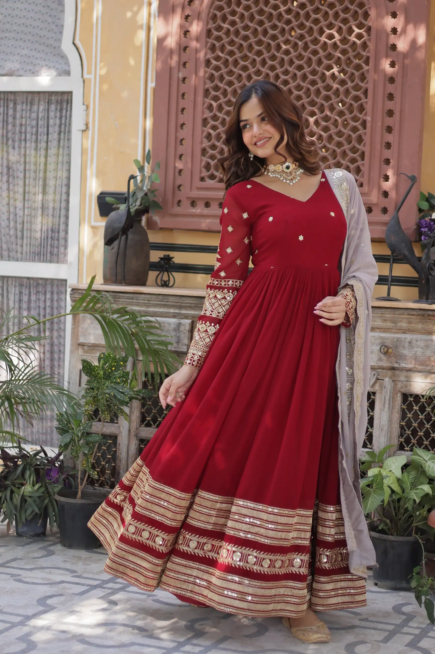 KA 1148 Red Color Faux Blooming Gown with Zari Work & Embroidery Work. Grab it for ₹1899. Delivery 4-6 Working Days. Shop now. | Gowns, Bollywood Gowns, Creative Gowns, Designer Gowns, Embroidered Gowns, Party Wear Gowns