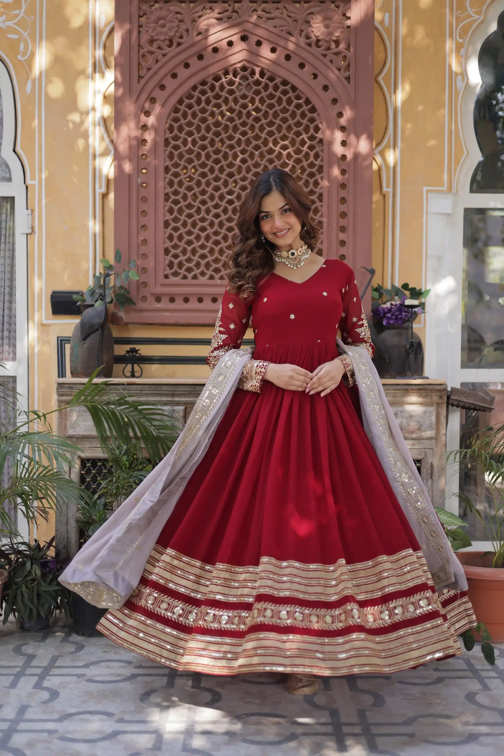 KA 1148 Red Color Faux Blooming Gown with Zari Work & Embroidery Work. Grab it for ₹1899. Delivery 4-6 Working Days. Shop now. | Gowns, Bollywood Gowns, Creative Gowns, Designer Gowns, Embroidered Gowns, Party Wear Gowns