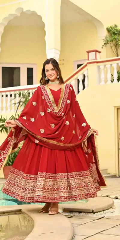 KA 1207 Red Faux Blooming Gown with Embroidery Work & Zari Work. Festive Deal ₹2649. Delivery 4-6 Working Days. Shop now. | Gowns, Bollywood Gowns, Creative Gowns, Designer Gowns, Embroidered Gowns, Party Wear Gowns