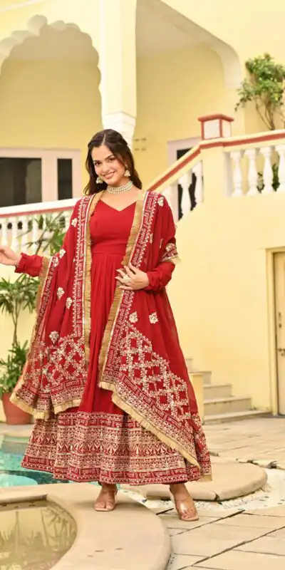 KA 1207 Red Faux Blooming Gown with Embroidery Work & Zari Work. Festive Deal ₹2649. Delivery 4-6 Working Days. Shop now. | Gowns, Bollywood Gowns, Creative Gowns, Designer Gowns, Embroidered Gowns, Party Wear Gowns