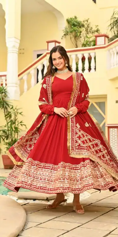 KA 1207 Red Faux Blooming Gown with Embroidery Work & Zari Work. Festive Deal ₹2649. Delivery 4-6 Working Days. Shop now. | Gowns, Bollywood Gowns, Creative Gowns, Designer Gowns, Embroidered Gowns, Party Wear Gowns