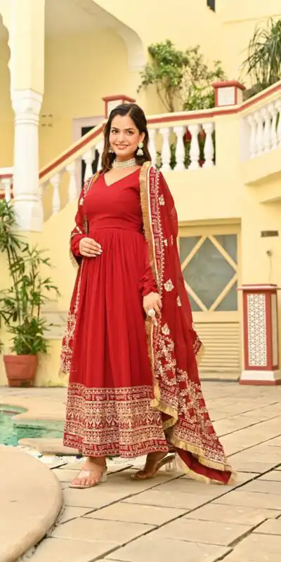 KA 1207 Red Faux Blooming Gown with Embroidery Work & Zari Work. Festive Deal ₹2649. Delivery 4-6 Working Days. Shop now. | Gowns, Bollywood Gowns, Creative Gowns, Designer Gowns, Embroidered Gowns, Party Wear Gowns