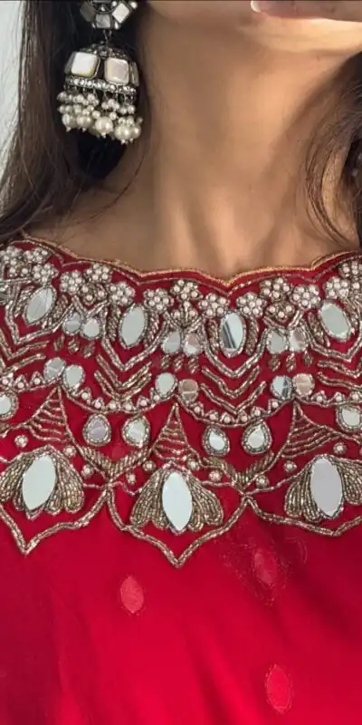 ST 1157 Red in Faux Georgette Mirror Work & Embroidery Work Saree. Festive Deal ₹1899. Delivery 4-6 Working Days. Shop now. | Sarees, Bollywood Sarees, Creative Sarees, Designer Sarees, Embroidered Sarees, Ethnic Saree, Modern Digital sarees, Party Wear Sarees