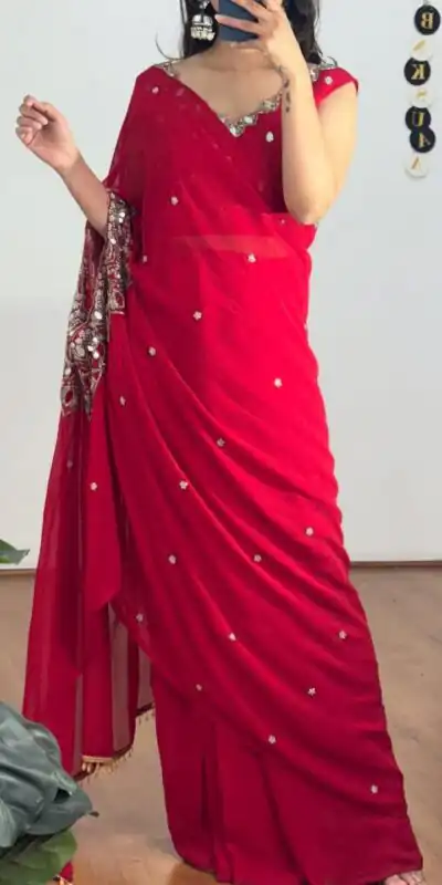 ST 1157 Red in Faux Georgette Mirror Work & Embroidery Work Saree. Festive Deal ₹1899. Delivery 4-6 Working Days. Shop now. | Sarees, Bollywood Sarees, Creative Sarees, Designer Sarees, Embroidered Sarees, Ethnic Saree, Modern Digital sarees, Party Wear Sarees