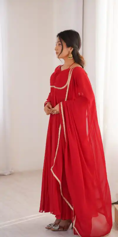 KB 291 Red Color Fox Blooming Georgette Gown with Lace Work. Affordable Price ₹1899. Delivery 4-6 Working Days. Shop now. | Gowns, Bollywood Gowns, Creative Gowns, Designer Gowns, Embroidered Gowns, Party Wear Gowns