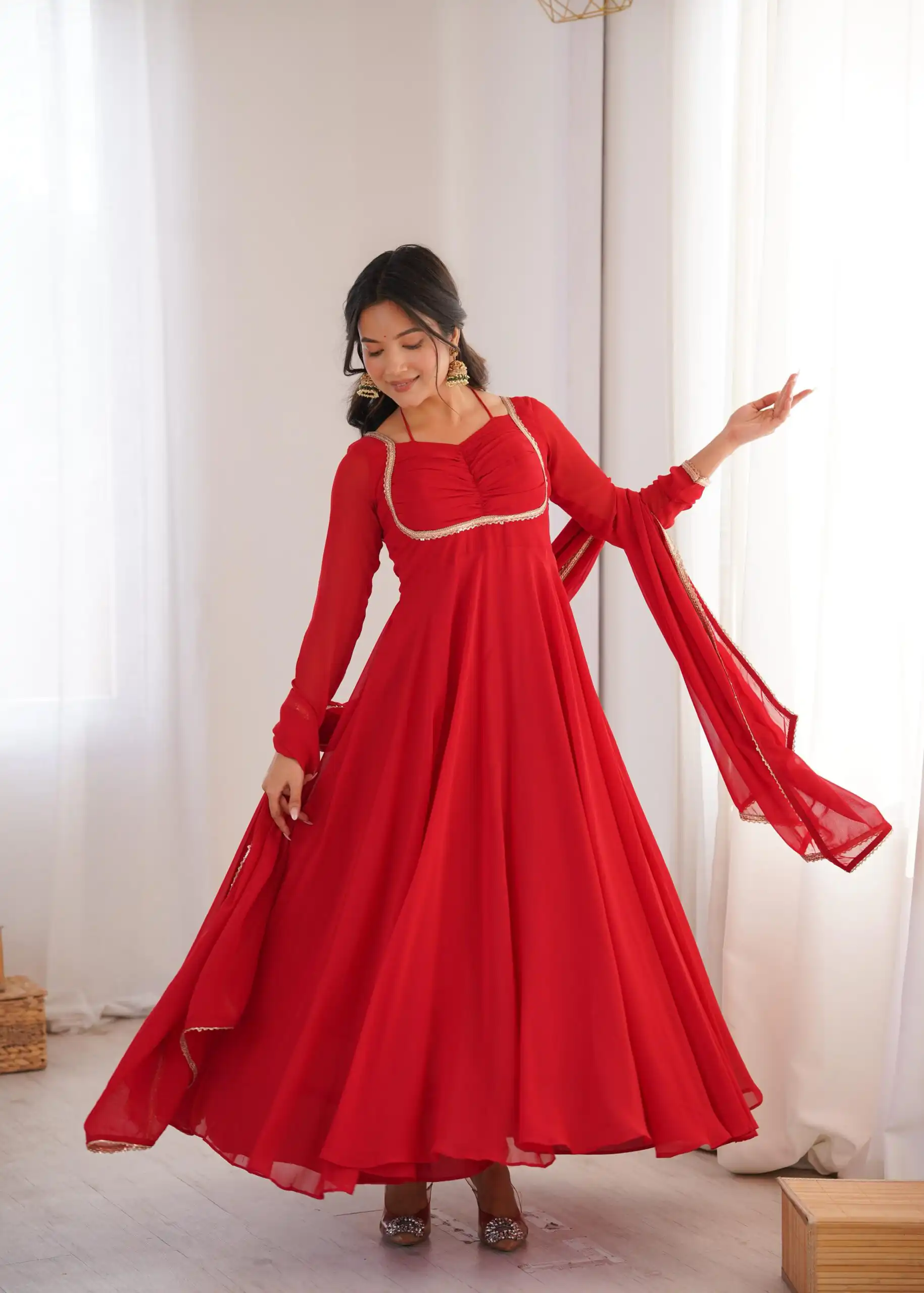 KB 291 Red Color Fox Blooming Georgette Gown with Lace Work. Affordable Price ₹1899. Delivery 4-6 Working Days. Shop now. | Gowns, Bollywood Gowns, Creative Gowns, Designer Gowns, Embroidered Gowns, Party Wear Gowns