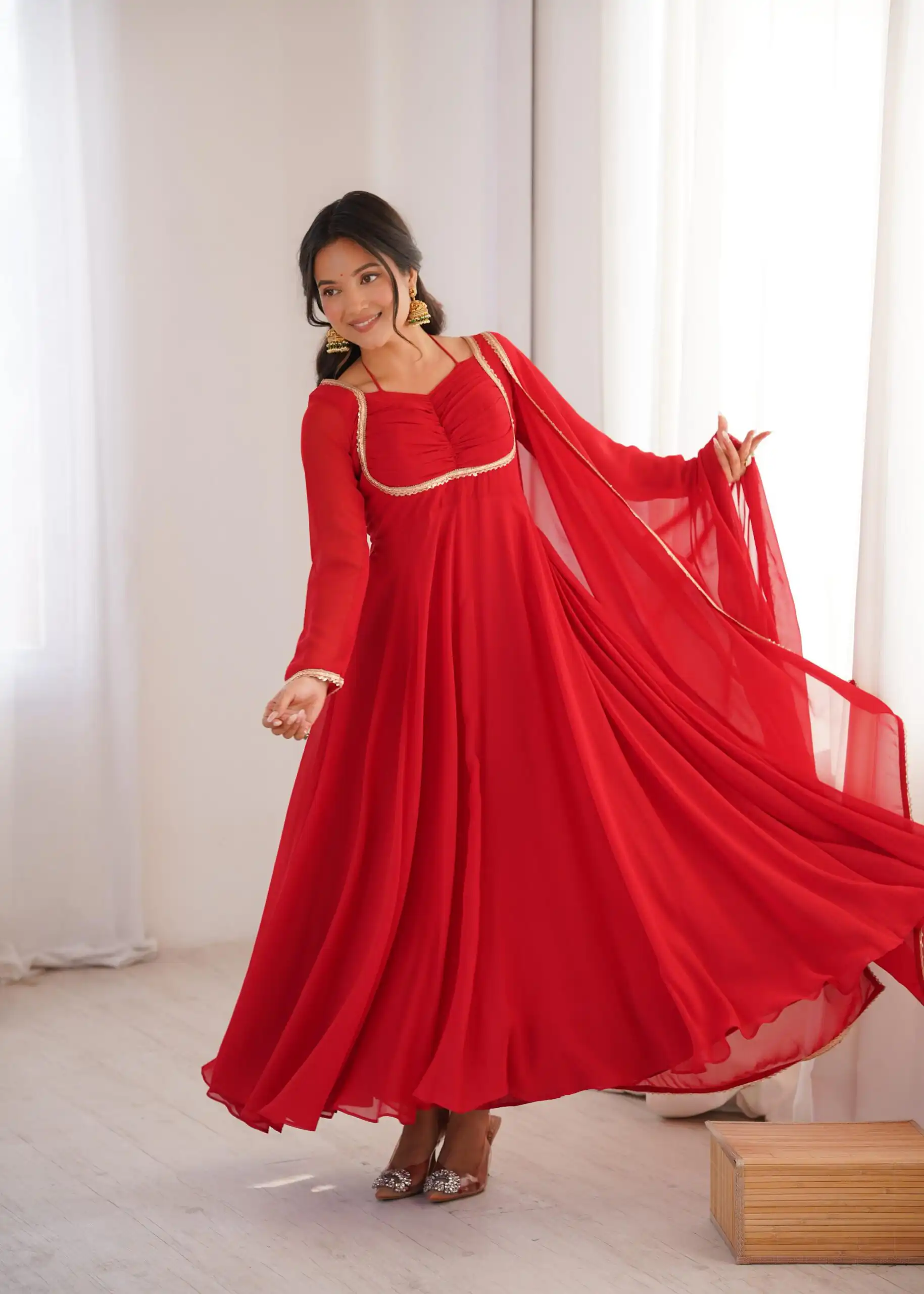 KB 291 Red Color Fox Blooming Georgette Gown with Lace Work. Affordable Price ₹1899. Delivery 4-6 Working Days. Shop now. | Gowns, Bollywood Gowns, Creative Gowns, Designer Gowns, Embroidered Gowns, Party Wear Gowns