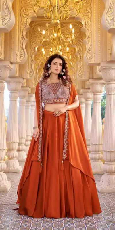Ram 155 Rust in Color Rangoli Silk Embroidery Work Lehenga Choli . Exclusive Offer ₹3249. Delivery 4-6 Working Days. Shop now. | Lehenga, Bollywood Lehenga, Creative Lehenga, Designer Lehenga, Embroidered Lehenga, Party Wear Lehenga