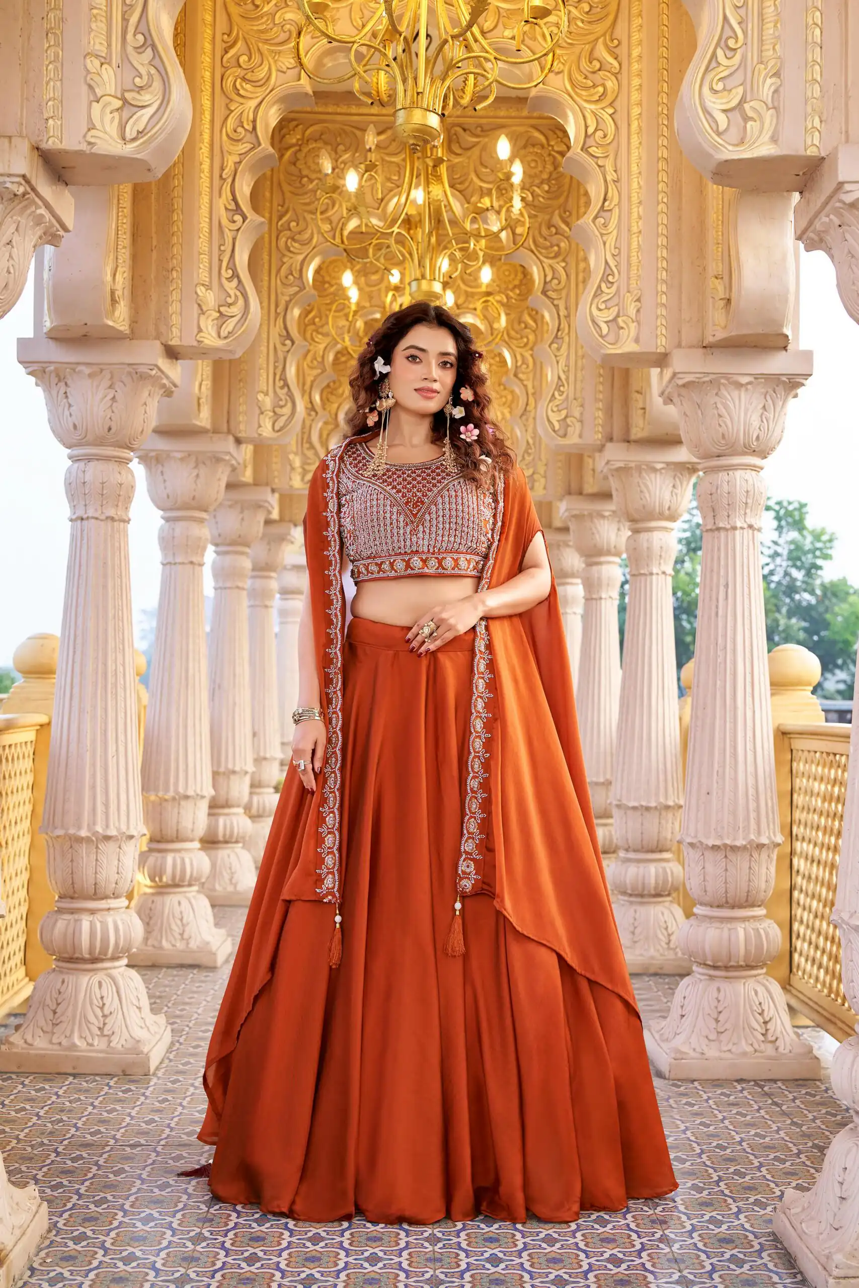 Ram 155 Rust in Color Rangoli Silk Embroidery Work Lehenga Choli . Exclusive Offer ₹3249. Delivery 4-6 Working Days. Shop now. | Lehenga, Bollywood Lehenga, Creative Lehenga, Designer Lehenga, Embroidered Lehenga, Party Wear Lehenga