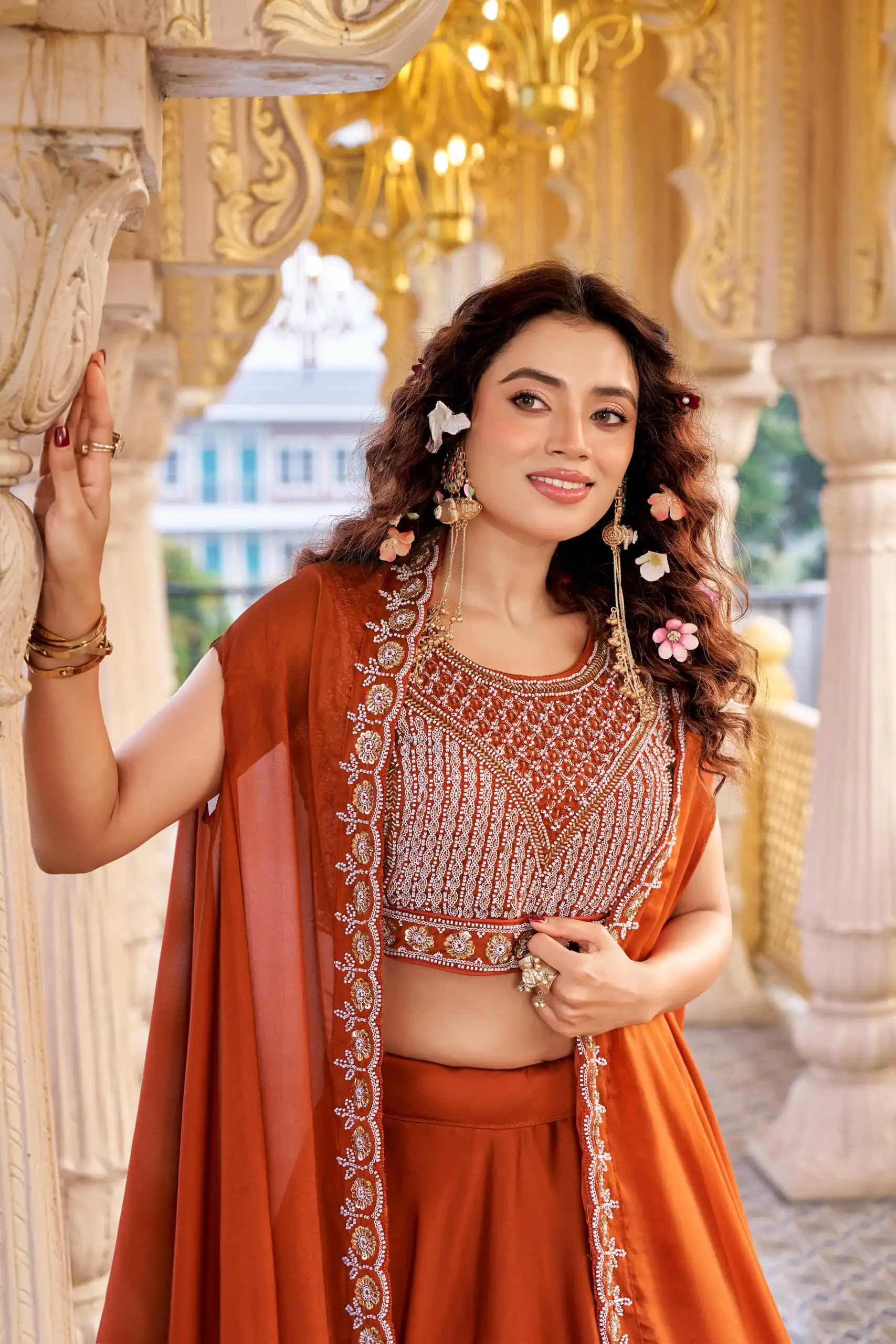 Ram 155 Rust in Color Rangoli Silk Embroidery Work Lehenga Choli . Exclusive Offer ₹3249. Delivery 4-6 Working Days. Shop now. | Lehenga, Bollywood Lehenga, Creative Lehenga, Designer Lehenga, Embroidered Lehenga, Party Wear Lehenga