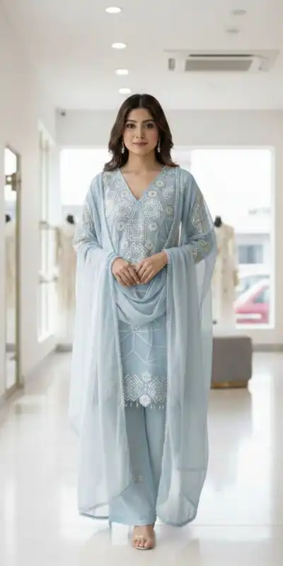 LG 2063 Sky Blue Faux Georgette Salwar Suit with Sequins Work & Embroidery Work. Introductory Price ₹2149. Delivery 4-6 Working Days. Shop now. | Jump Suits, Salwar suit, Casual Suits, Creative suits, Designer Suits, Palazzo Suits, Party Wear Suits, Patiala Suits, Straight Suits