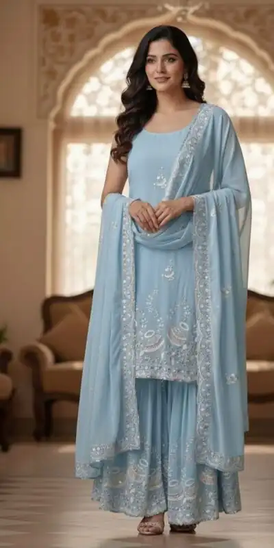 BE 430 Sky Blue Color Georgette Salwar Suit with Embroidery Work. Best Price ₹2399. Delivery 4-6 Working Days. Online Shop now. | Jump Suits, Tops & Bottoms, Track Suits, Salwar suit, Casual Suits, Creative suits, Designer Suits, Palazzo Suits, Party Wear Suits, Patiala Suits, Straight Suits, Trendy Wear