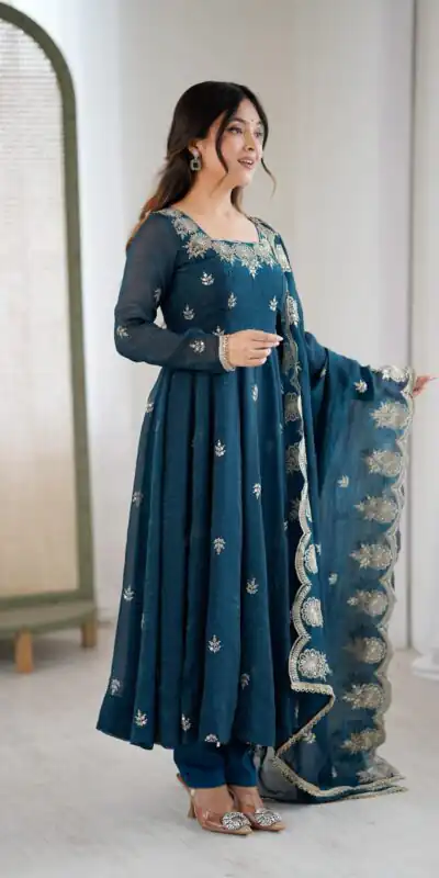 ZF 5011 Teal Crunchy Silk Gown with Embroidery Work. Wedding, Party, Festive, Events Best Price ₹2099. Delivery 4-6 Working Days. Shop now. | Gowns, Bollywood Gowns, Creative Gowns, Designer Gowns, Embroidered Gowns, Party Wear Gowns