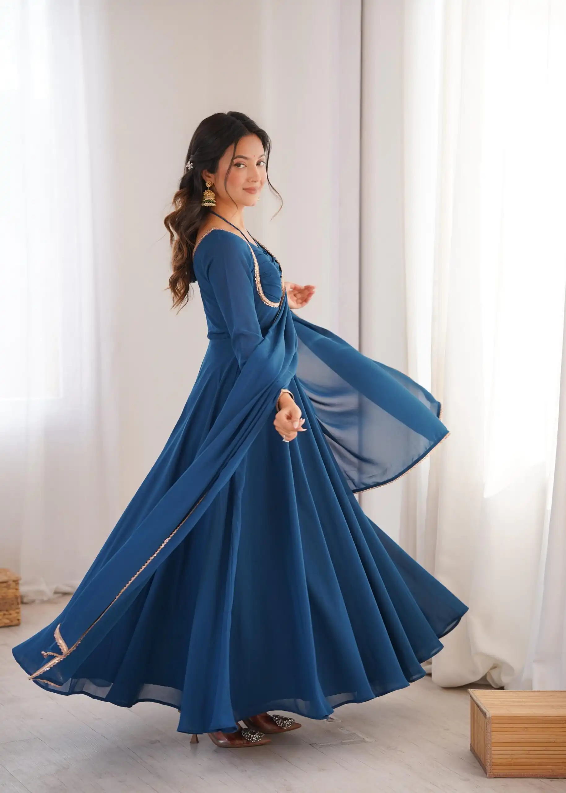 KB 291 Teal Color Fox Blooming Georgette Gown with Lace Work. Affordable Price ₹1899. Delivery 4-6 Working Days. Shop now. | Gowns, Bollywood Gowns, Creative Gowns, Designer Gowns, Embroidered Gowns, Party Wear Gowns