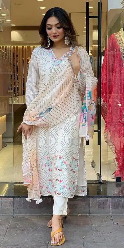 DC G21 White in Maslin Digital Print Salwar Suit . Wedding, Party, Festive, Events, Introductory Price ₹1699. Delivery 4-6 Working Days. Shop now. | Jump Suits, Salwar suit, Casual Suits, Creative suits, Designer Suits, Palazzo Suits, Party Wear Suits, Patiala Suits, Straight Suits