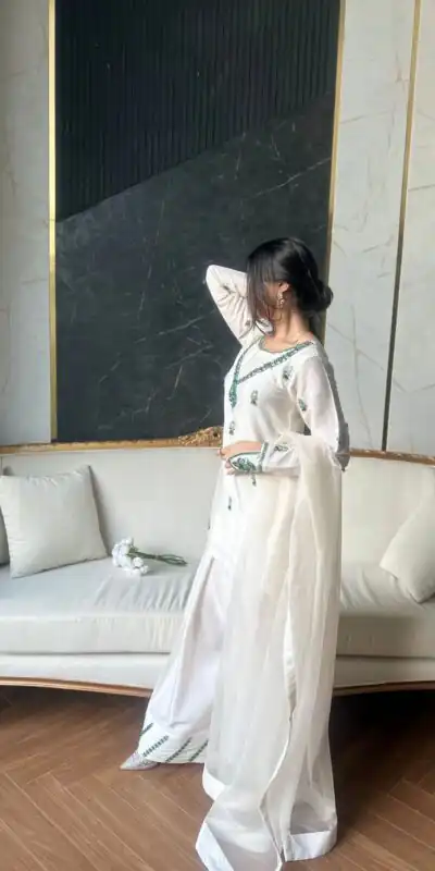 LG 1690 White Natural Crap Salwar Suit with Embroidery Work & Mirror Work. Special Price ₹1799. Delivery 4-6 Working Days. Shop now. | Jump Suits, Tops & Bottoms, Track Suits, Salwar suit, Casual Suits, Creative suits, Designer Suits, Palazzo Suits, Party Wear Suits, Patiala Suits, Straight Suits, Trendy Wear