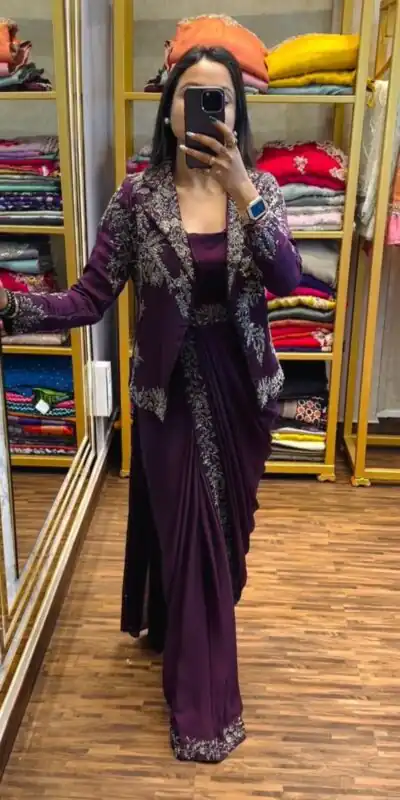 ST 1090 Wine Color Chinon Saree with Embroidery Work & Lace Work. Now at just ₹2099. Delivery 4-6 Working Days. Shop now. | Sarees, Bollywood Sarees, Creative Sarees, Designer Sarees, Embroidered Sarees, Ethnic Saree, Modern Digital sarees, Party Wear Sarees