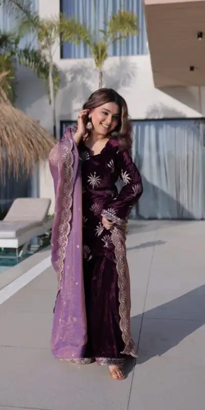 KA 1220 Wine Ice Velvet Salwar Suit with Embroidery Work & Zari Work. Exclusive Offer ₹2499. Delivery 4-6 Working Days. Shop now. | Jump Suits, Salwar suit, Casual Suits, Creative suits, Designer Suits, Palazzo Suits, Party Wear Suits, Patiala Suits, Straight Suits
