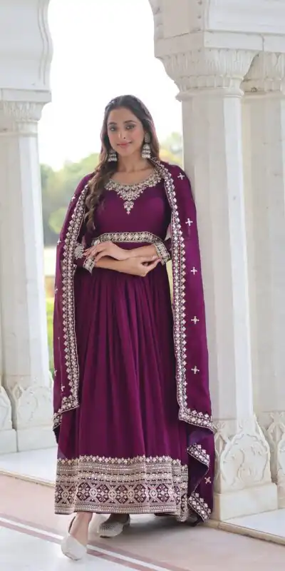 KA 1215 Wine Vichitra Silk Gown Perfect for Wedding, Party, Holi, Anniversary, Mehendi –. Grab it for ₹2449. Delivery 4-6 Working Days. Shop now. | Gowns, Bollywood Gowns, Creative Gowns, Designer Gowns, Embroidered Gowns, Party Wear Gowns