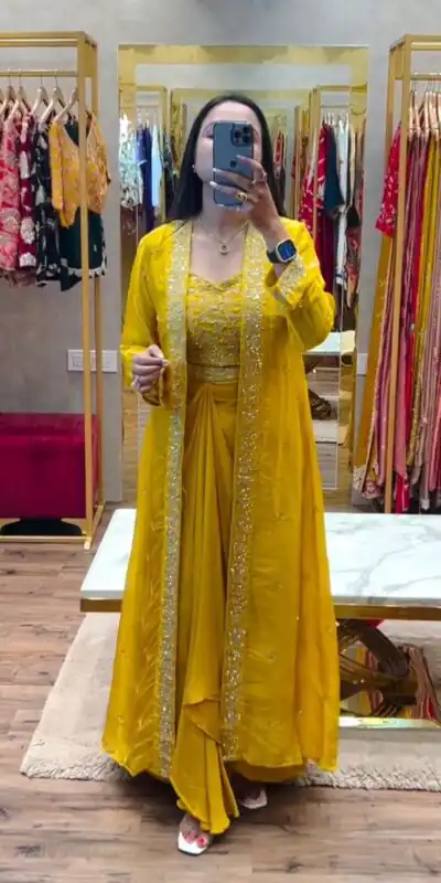 BB 56 Yellow Chinon Silk Dhoti Suit with Embroidery Work & Sequins Work. Grab it for ₹1899. Delivery 4-6 Working Days. Shop now. | Jump Suits, Salwar suit, Casual Suits, Creative suits, Designer Suits, Palazzo Suits, Party Wear Suits, Patiala Suits, Straight Suits