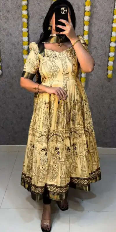MF 666 Yellow Malai Satin Gown with Digital Print & Kalamkari Print. Now at just ₹1499. Delivery 4-6 Working Days. Shop now. | Gowns, Bollywood Gowns, Creative Gowns, Designer Gowns, Embroidered Gowns, Party Wear Gowns