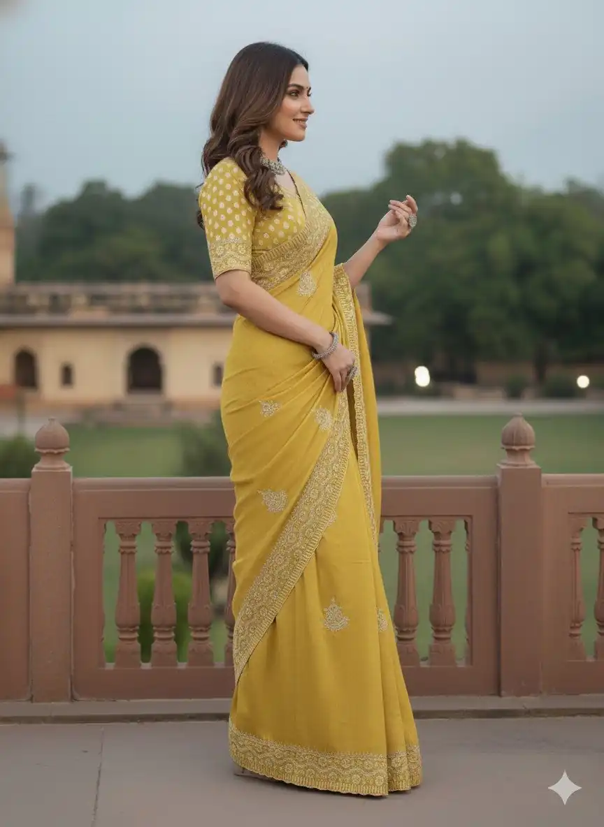 JR 654 Yellow Color Soft Gold Crush Saree with Embroidery Work. Affordable Price ₹2049. Delivery 4-6 Working Days. Shop now. | Sarees, Bollywood Sarees, Creative Sarees, Designer Sarees, Embroidered Sarees, Ethnic Saree, Modern Digital sarees, Party Wear Sarees