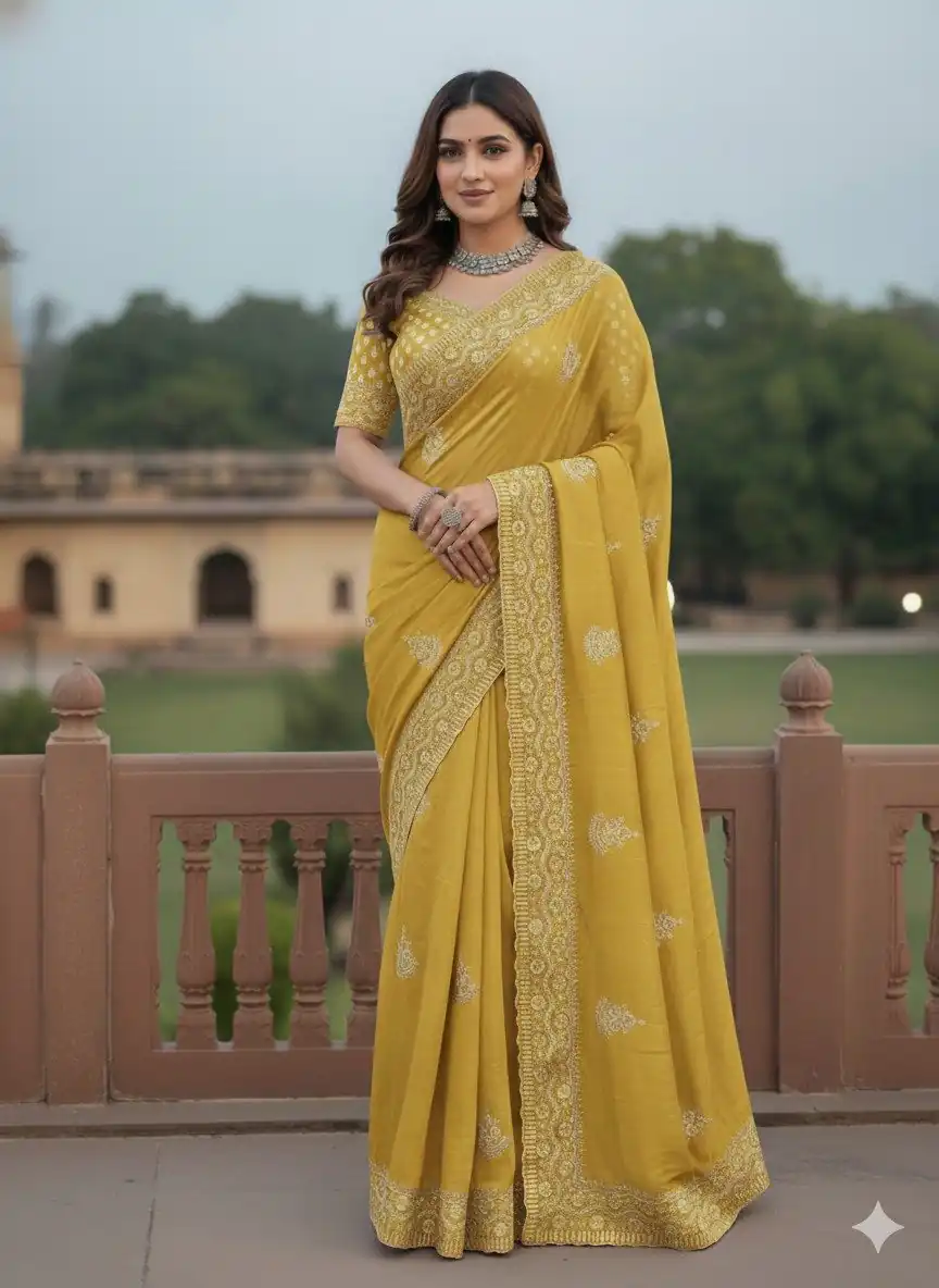 JR 654 Yellow Color Soft Gold Crush Saree with Embroidery Work. Affordable Price ₹2049. Delivery 4-6 Working Days. Shop now. | Sarees, Bollywood Sarees, Creative Sarees, Designer Sarees, Embroidered Sarees, Ethnic Saree, Modern Digital sarees, Party Wear Sarees